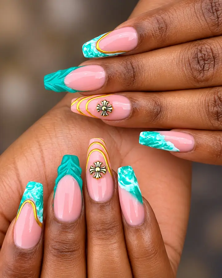 Teal marble tips with gold lines and gold charms