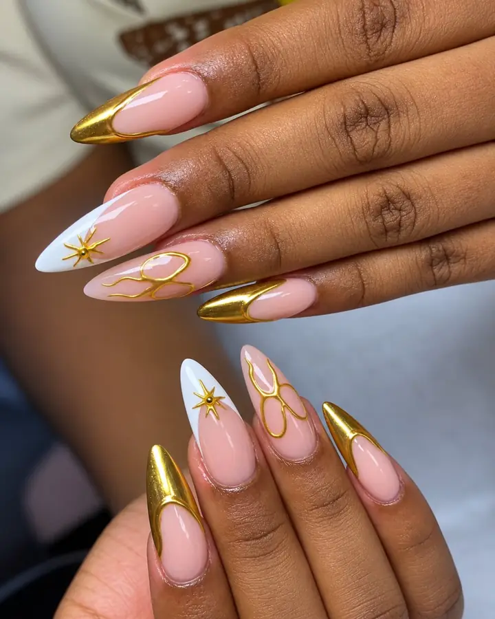 Gold chrome and white French tips with gold line art