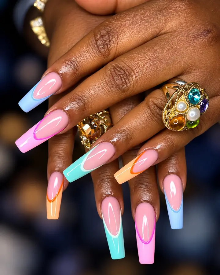 Pastel French tips in pink, blue, teal and orange on long nails