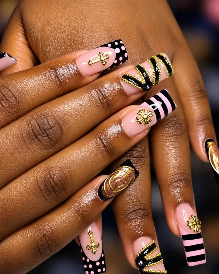 Black and pink nails with gold charms, beads and polka dots